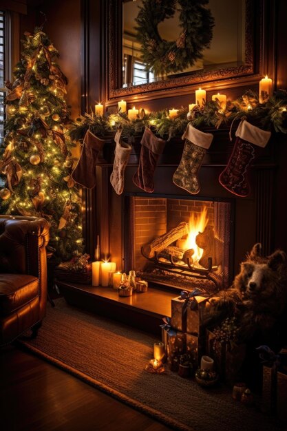 Accogliente caminetto con calze e decorazioni natalizie create con l'IA generativa
