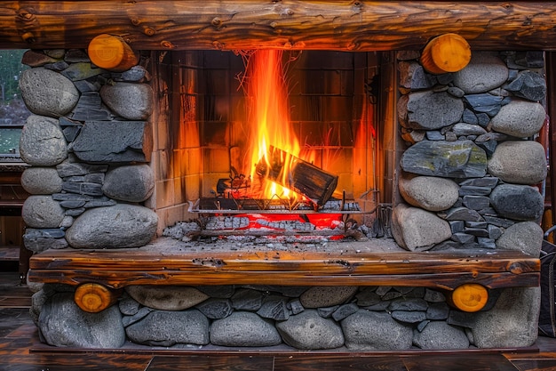 Accogliente camino di legno con fiamme vibranti e pietra circondante perfetto per il calore e il comfort in