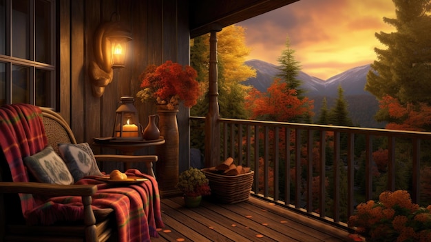 Accogliente capanna d'autunno con balcone di legno fiori di erica fiamma di candela e quadri verdi sulla sedia