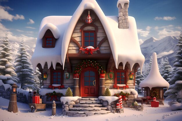 Accogliente casa festosa nel paese delle meraviglie invernale con albero di Natale innevato e regali IA generativa