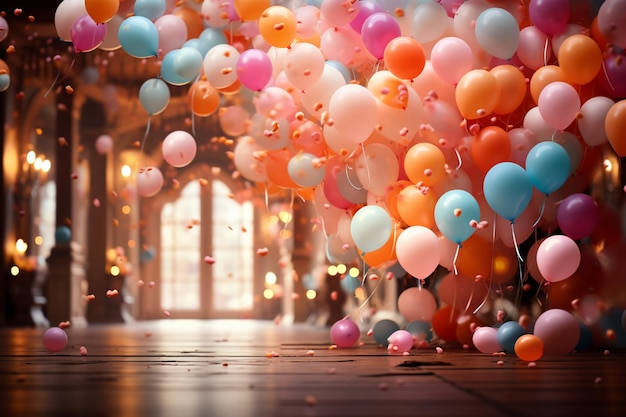 Accogliente celebrazione al coperto con uno sfondo di palloncini galleggianti colorati