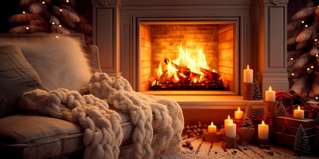 accogliente celebrazione invernale con un camino coperte calde e candele che proiettano un soffice bagliore scintillante Generative AI