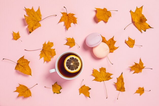 Accogliente composizione autunnale. Tazza di tè con fette di limone e foglie di acero.