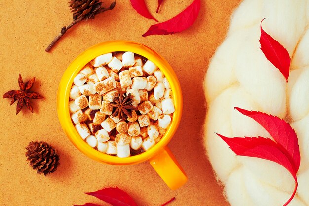 Accogliente concetto autunnale con giallo tazza di cacao con marshmallow