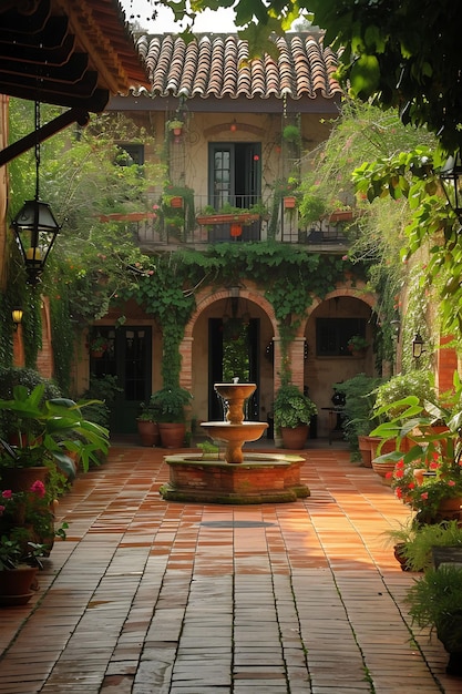 Accogliente cortile di ispirazione italiana con pavimento in terracotta fontana layout interno decorazione creativa