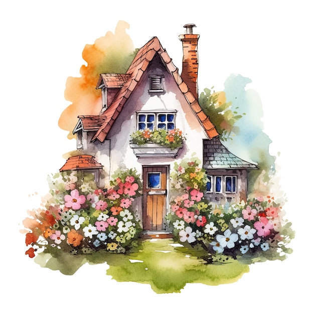 Accogliente cottage acquerello circondato da un giardino fiorito isolato