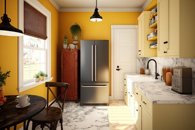 Accogliente cucina da fattoria con calde pareti gialle, controsoffitti in marmo ed elettrodomestici in acciaio inossidabile