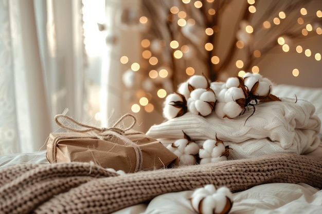 Accogliente decorazione della casa con rami di cotone e calda coperta a maglia con sfondo di luci festive