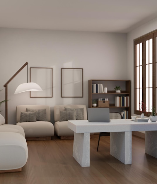Accogliente design degli interni del soggiorno scandinavo con comodo divano e lampada minimal portatile sul tavolo