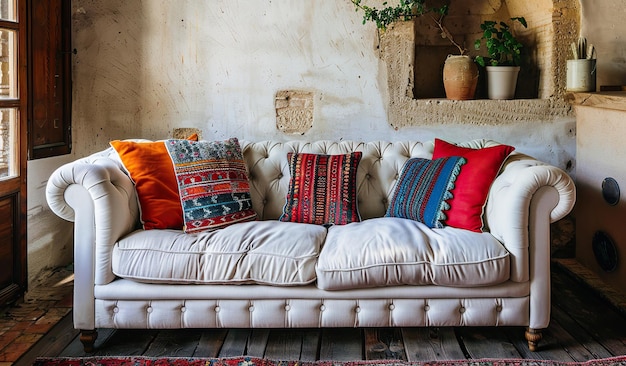 Accogliente divano vintage con cuscini colorati in un interno rustico