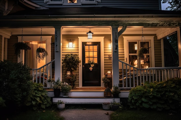 Accogliente esterno della casa con portico anteriore e lanterne che danno un'atmosfera calda e invitante
