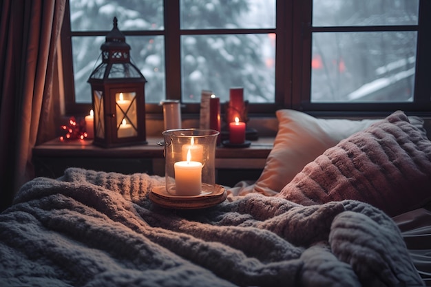 Accogliente giornata invernale innevata a casa con coperte calde e candele vicino alla finestra