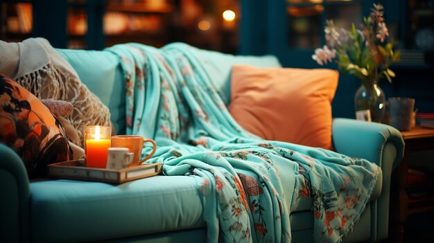 Accogliente interno domestico con comodo divano e caffè sul divanogenerativo ai