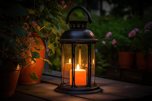 Accogliente lanterna da giardino con luce calda e fiamma tremolante