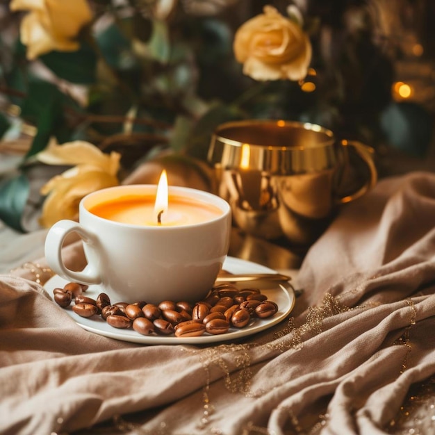 accogliente mattina d'inverno o d'autunno a casa caffè caldo con cucchiaio metallico d'oro caldo guarnigione coperta e