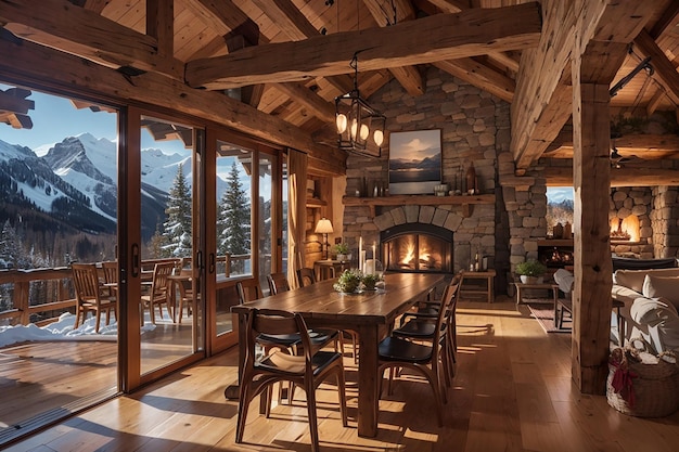 Accogliente Mountain Lodge, sala da pranzo con caminetto in pietra, travi in legno e vista sulle Alpi