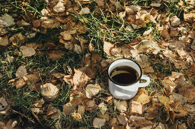 Accogliente natura morta autunnale con tazza di metallo con bevanda calda su erba e foglie gialle