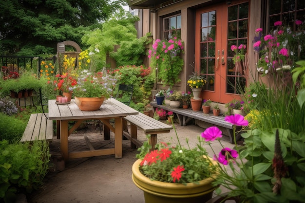 Accogliente patio esterno con fiori colorati in fiore e mangiatoia per colibrì