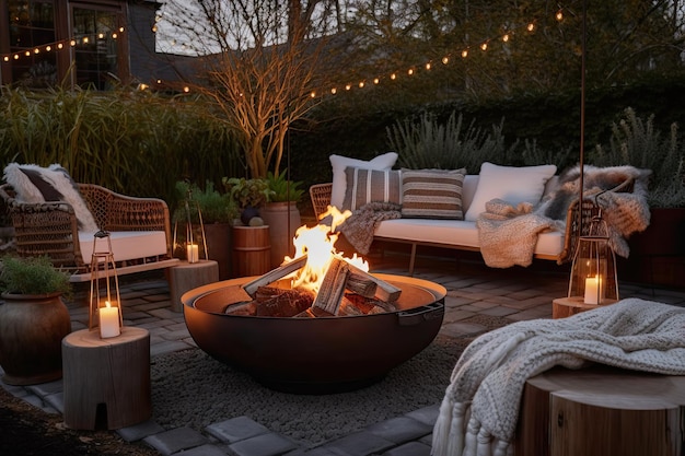 Accogliente patio esterno con lanterne a focolare e coperte calde per una serata accogliente