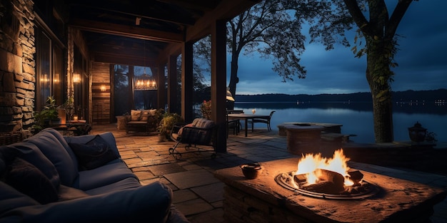 accogliente portico sul retro con braciere e tranquilla vista sul lago di notte con nuvole e luna piena nel cielo