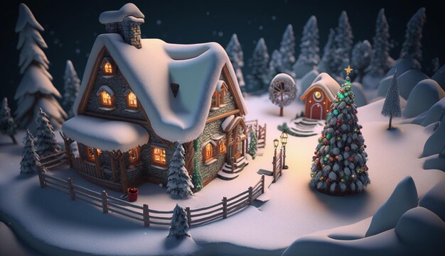 Accogliente rendering 3D Casetta innevata con albero di Natale