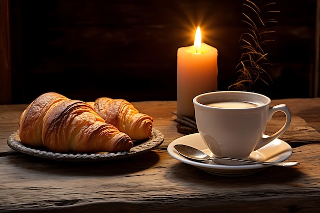 Accogliente ritiro in caffè al vapore e croissant freschi