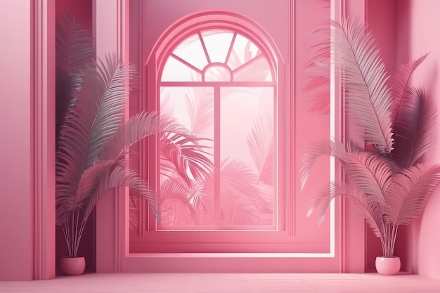 Accogliente sala rosa con luce naturale e vegetazione IA generativa