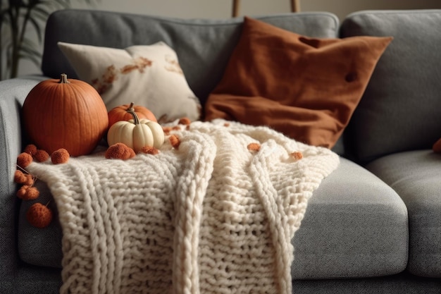 Accogliente scena autunnale con zucche e una coperta su un divano IA generativa