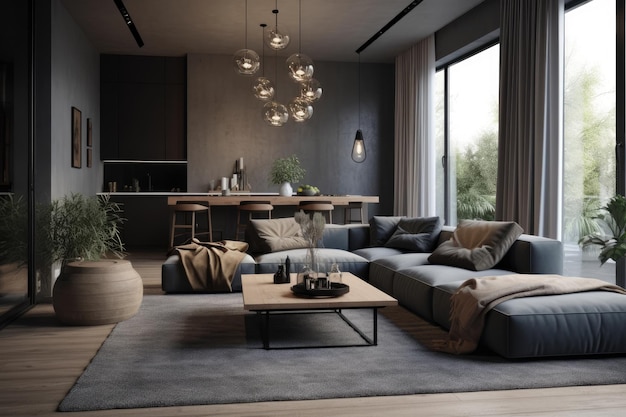 Accogliente soggiorno con abbondante luce naturale e mobili confortevoli IA generativa