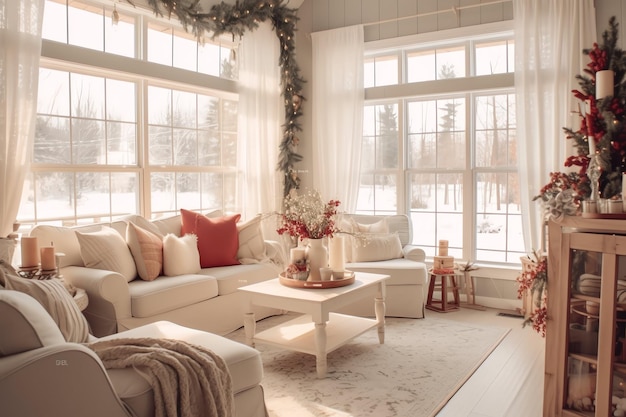 Accogliente soggiorno con albero di Natale e regali rossi in interni moderni Buon Natale sullo sfondo