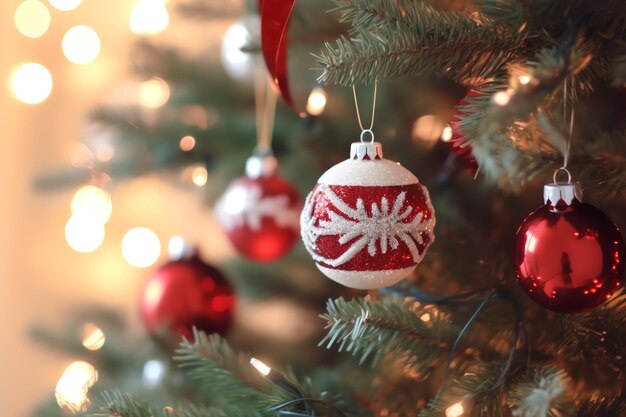 Accogliente soggiorno con albero di Natale e regali rossi in interni moderni Buon Natale sullo sfondo