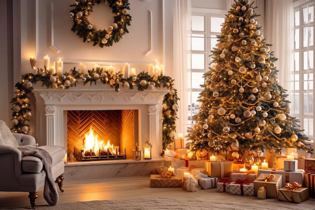 Accogliente soggiorno con camino e albero di Natale in interni classici Buon Natale sullo sfondo
