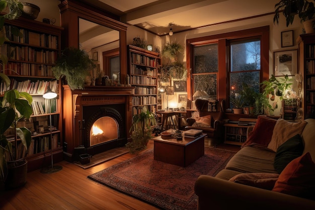 Accogliente soggiorno con camino e luci calde circondato da librerie e piante