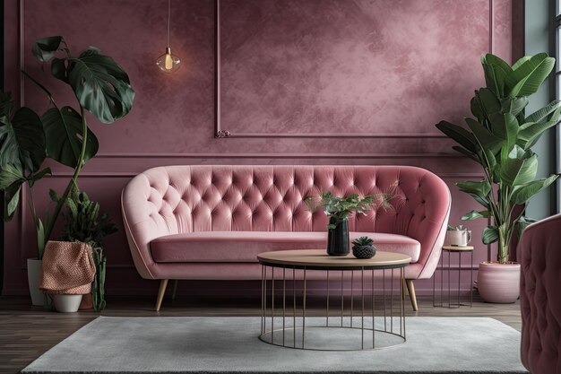 Accogliente soggiorno con divano rosa contemporaneo e piante da interno IA generativa