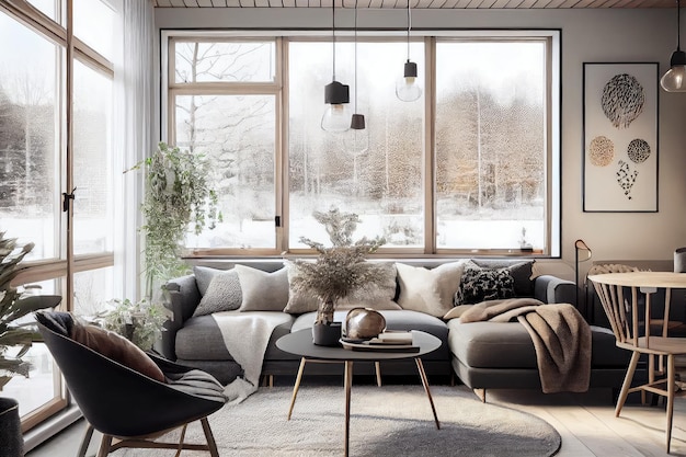 Accogliente soggiorno con finestre dal pavimento al soffitto e arredamento scandi chic