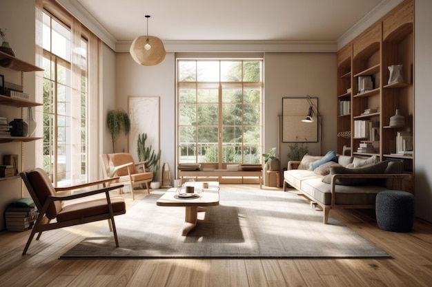 Accogliente soggiorno con luce naturale e mobili confortevoli IA generativa