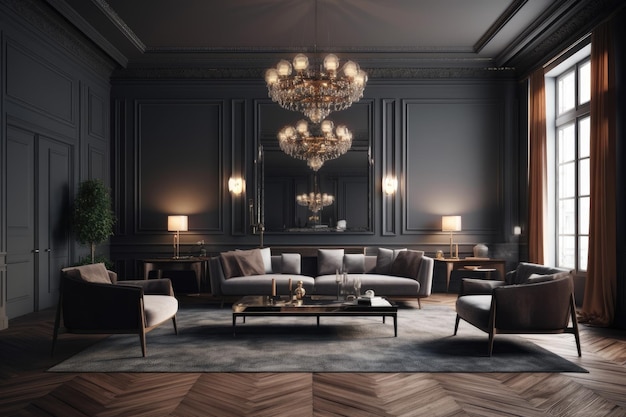 Accogliente soggiorno con mobili eleganti e uno scintillante lampadario AI generativa
