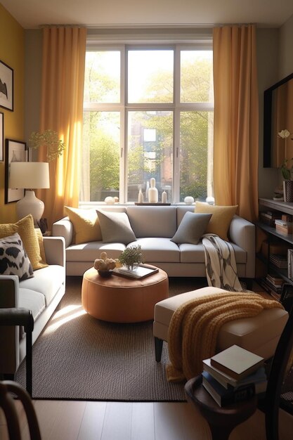 Accogliente soggiorno con mobili moderni creati con intelligenza artificiale generativa