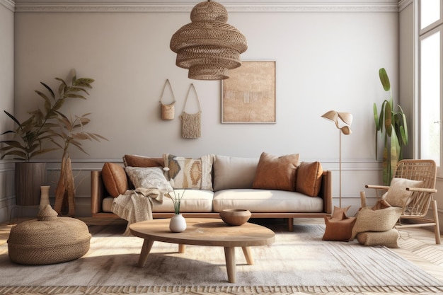 Accogliente soggiorno con mobili moderni e colori vivaci IA generativa