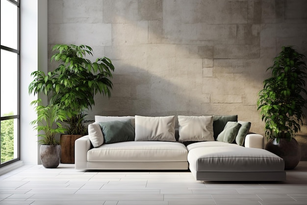Accogliente soggiorno con muro di cemento grigio e interno divano con piante Generato ai