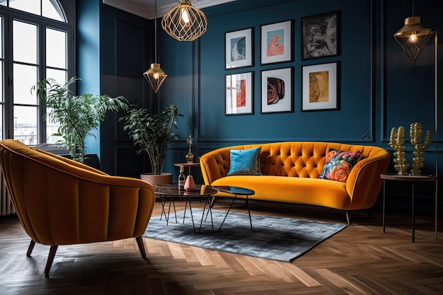 Accogliente soggiorno con pareti blu e un vivace divano giallo come fulcro dell'IA generativa