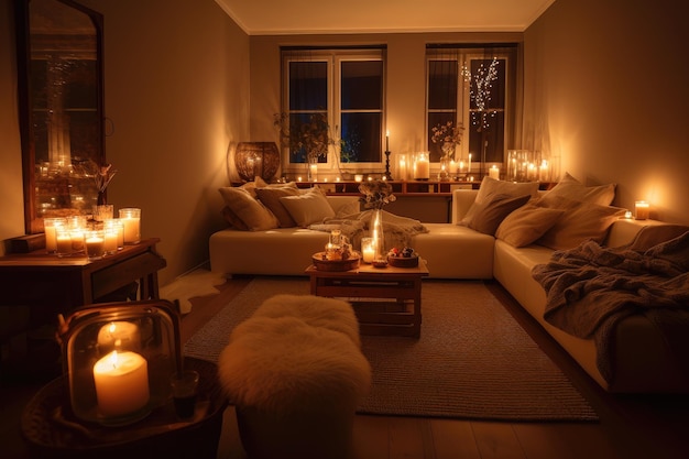 Accogliente soggiorno con soffici divani luci calde e candele profumate