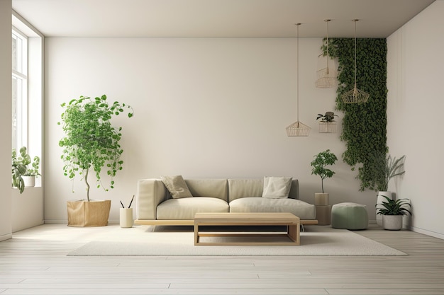 Accogliente soggiorno con un comodo divano, un elegante tavolino da caffè e lussureggianti piante in vaso IA generativa