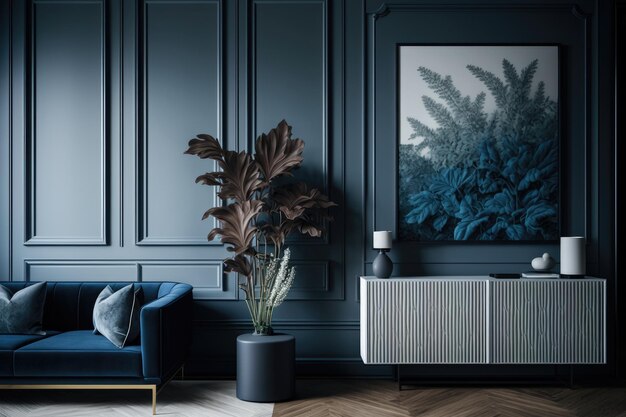 Accogliente soggiorno con un divano blu e un dipinto colorato sul muro IA generativa