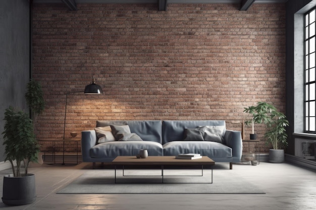 Accogliente soggiorno con un muro di mattoni rustico e un comodo divano blu IA generativa