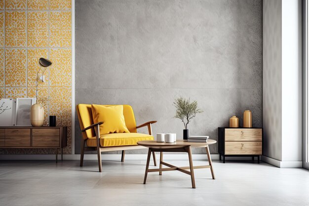 Accogliente soggiorno con un tocco di giallo sulla sedia e un tavolino da caffè Generative AI