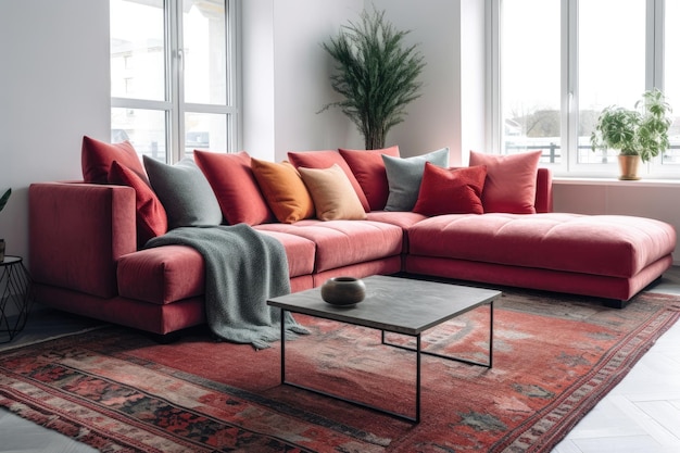 Accogliente soggiorno con un vivace divano rosso e un tappeto a motivi geometrici Generative AI