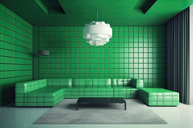 Accogliente soggiorno con una combinazione di colori verde con un comodo divano e un tavolino da caffè Generative AI