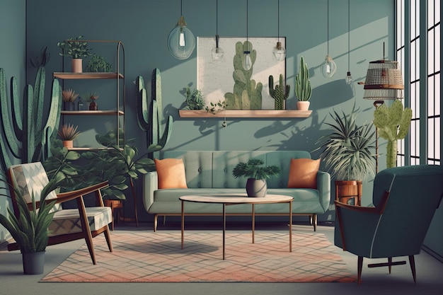 Accogliente soggiorno con vegetazione abbondante e mobili eleganti IA generativa
