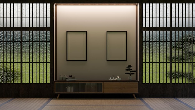 Accogliente soggiorno domestico in stile interno zen giapponese con mockup di cornici vuote sul muro bianco